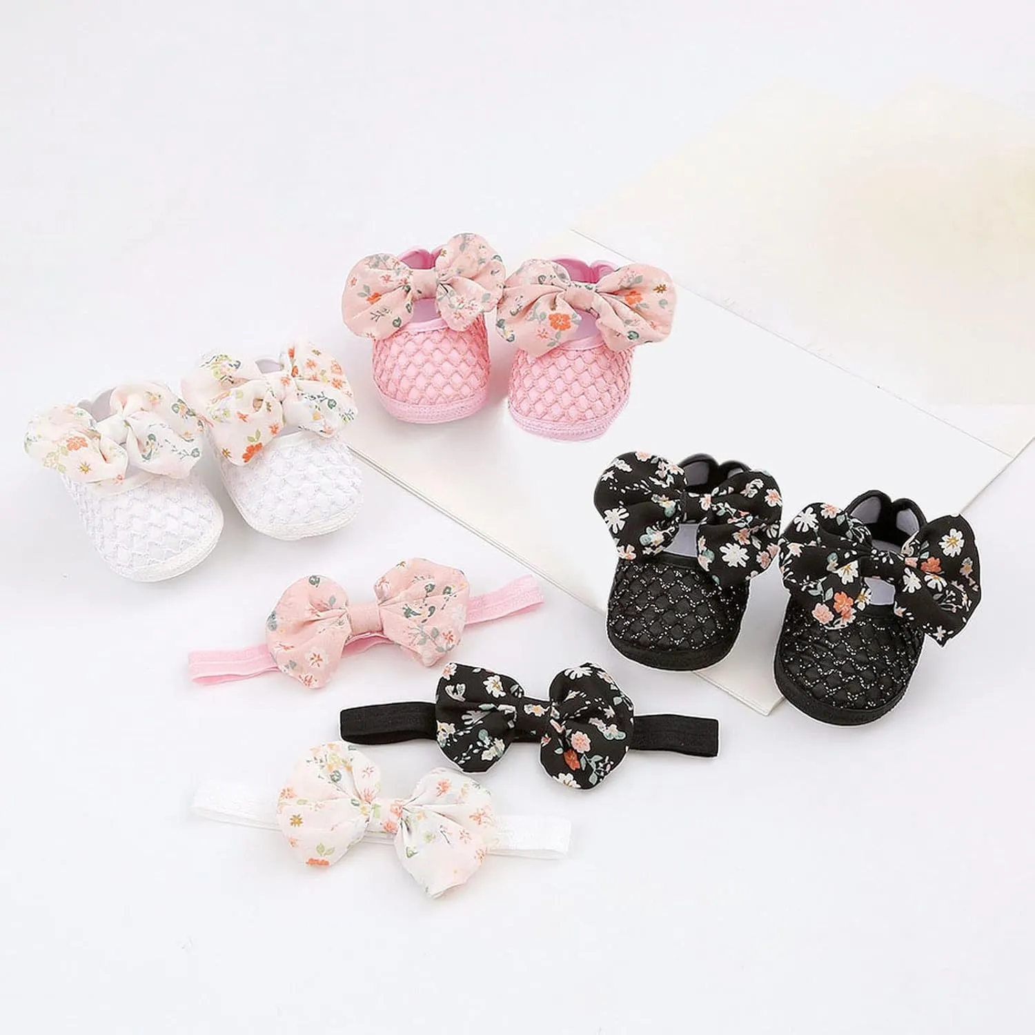 0 to 1 Year Old Baby Shoes Hair Band Set Cute Bow Princess Shoes 3 5 7 9 Months Soft Soled Walking Shoes for Toddler