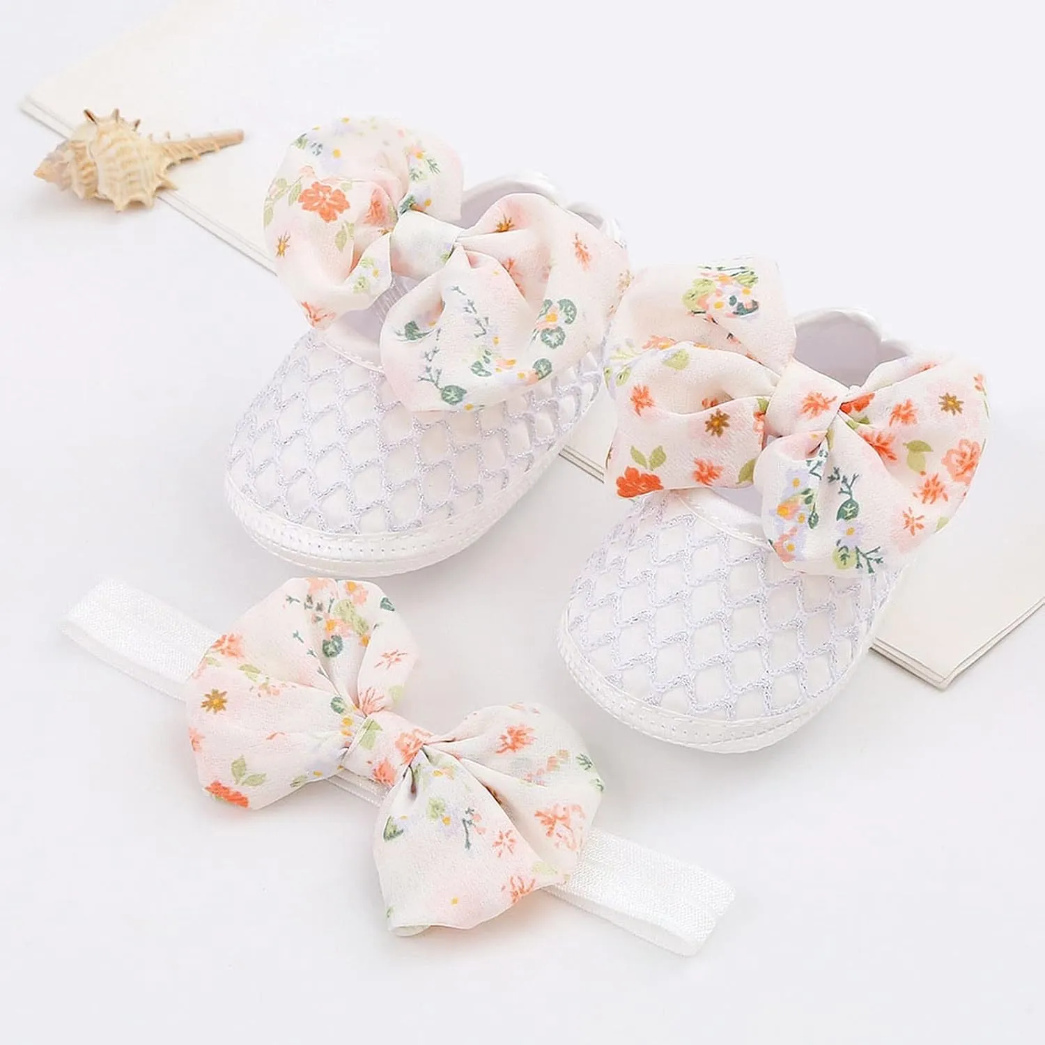 0 to 1 Year Old Baby Shoes Hair Band Set Cute Bow Princess Shoes 3 5 7 9 Months Soft Soled Walking Shoes for Toddler