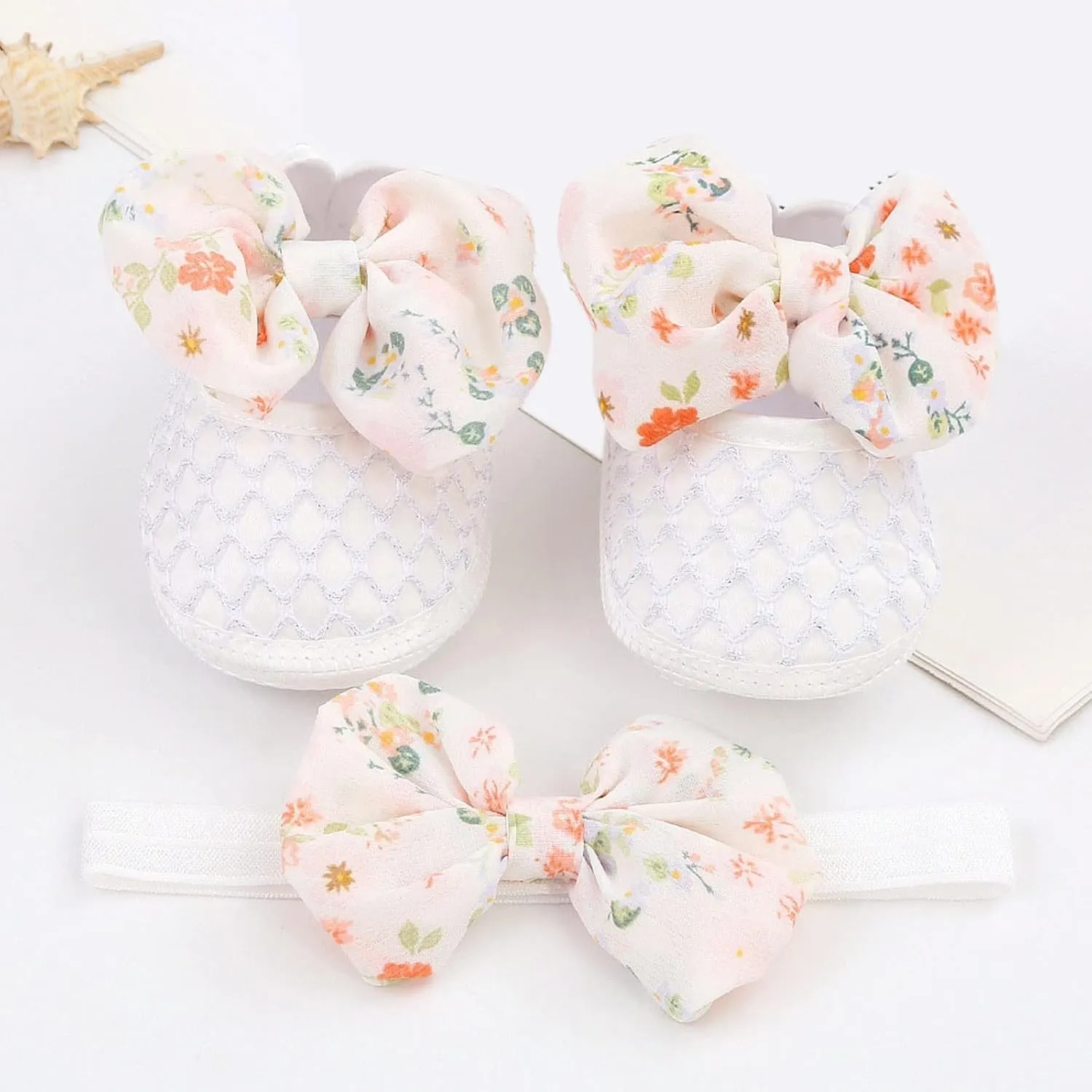 0 to 1 Year Old Baby Shoes Hair Band Set Cute Bow Princess Shoes 3 5 7 9 Months Soft Soled Walking Shoes for Toddler