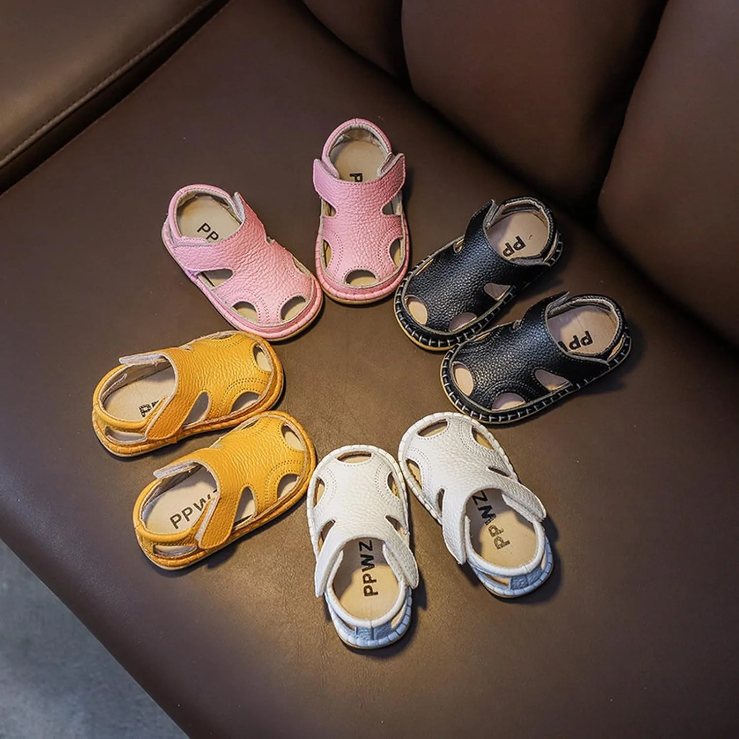 Baby Boys Girls Closed-Toe PU Leather Sandals Toddler Anti-Slip Rubber Sole First Walker Crib Solid Beach Shoes