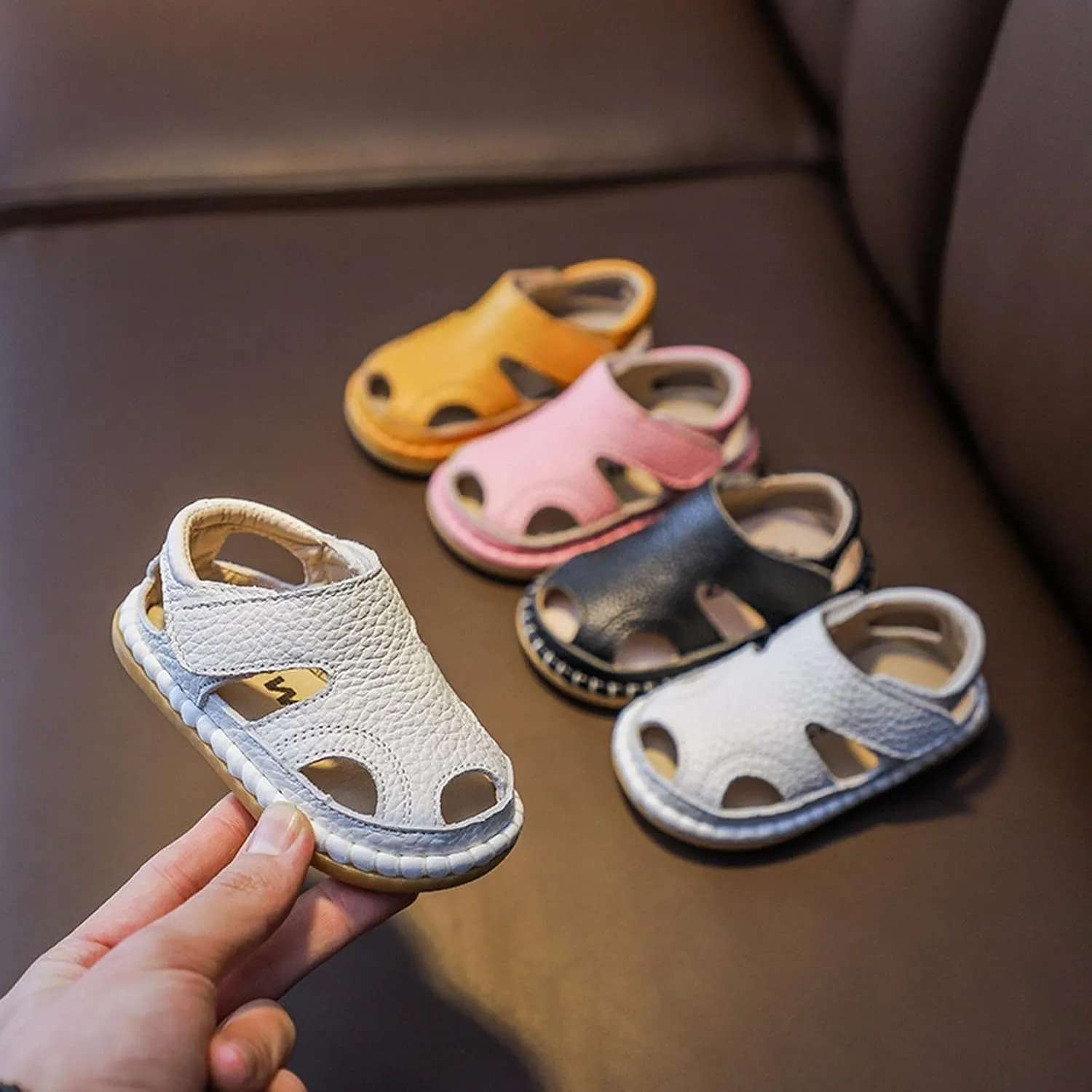Baby Boys Girls Closed-Toe PU Leather Sandals Toddler Anti-Slip Rubber Sole First Walker Crib Solid Beach Shoes