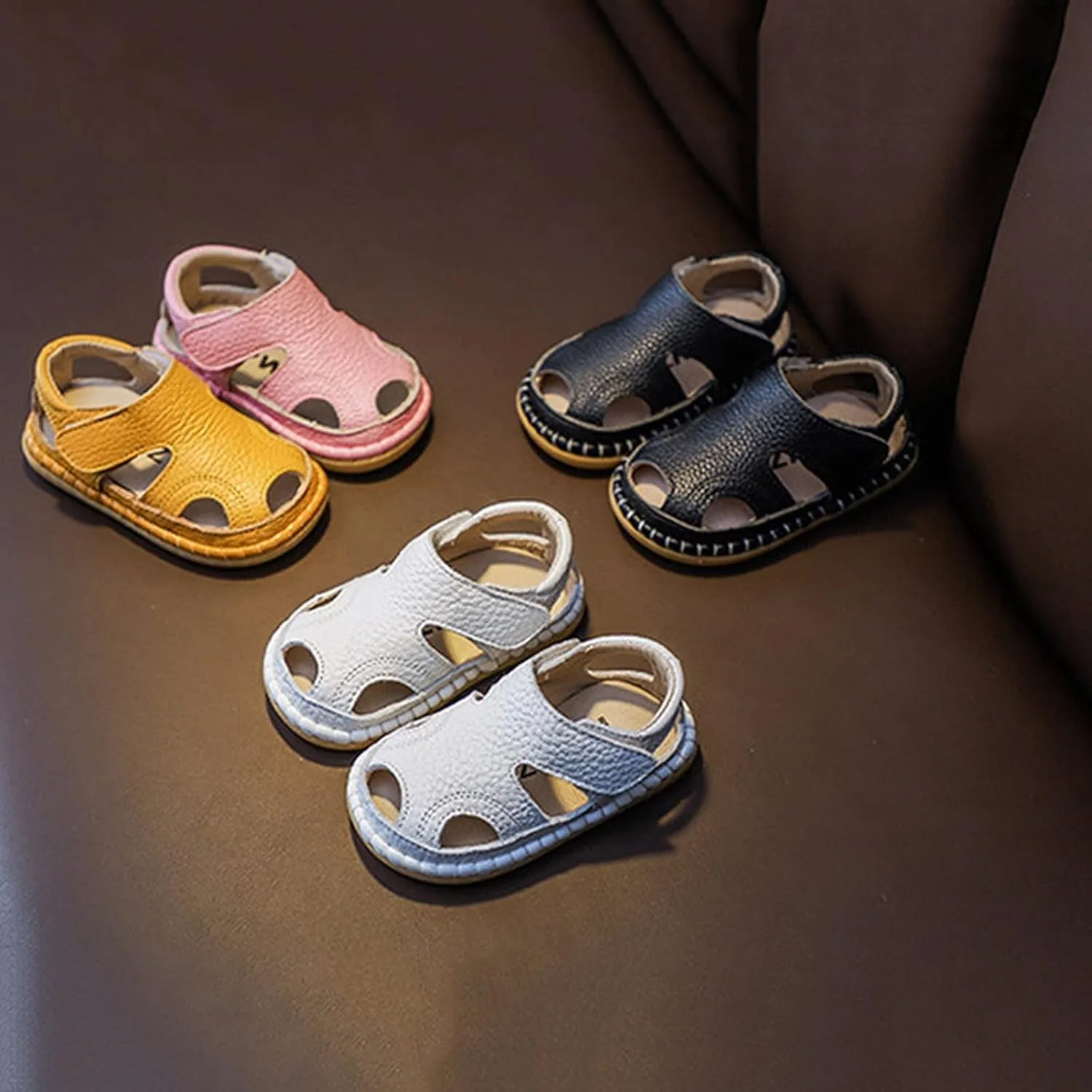 Baby Boys Girls Closed-Toe PU Leather Sandals Toddler Anti-Slip Rubber Sole First Walker Crib Solid Beach Shoes