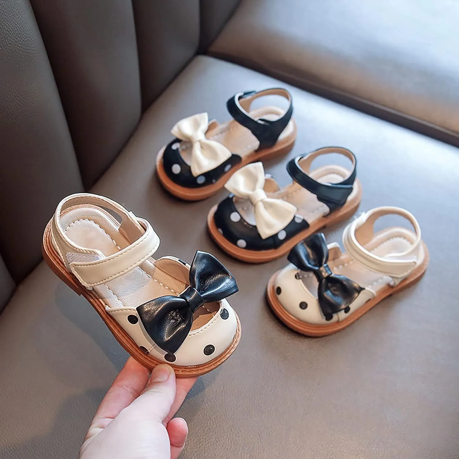 Baby Toddler Kid Girl Casual Hook & Loop Closed-Toe Sandal Bow Rubber Soft Sole Birthday Beach Low Heel Shoes