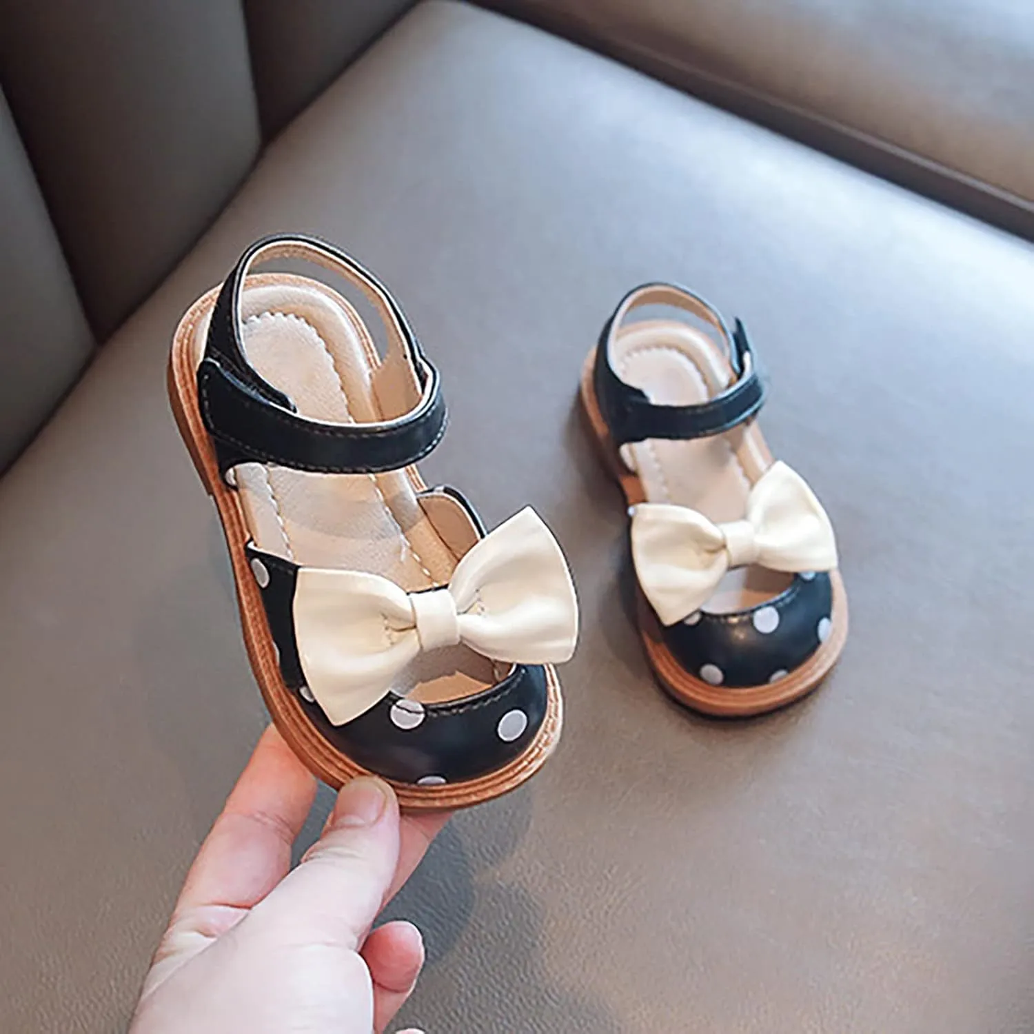Baby Toddler Kid Girl Casual Hook & Loop Closed-Toe Sandal Bow Rubber Soft Sole Birthday Beach Low Heel Shoes