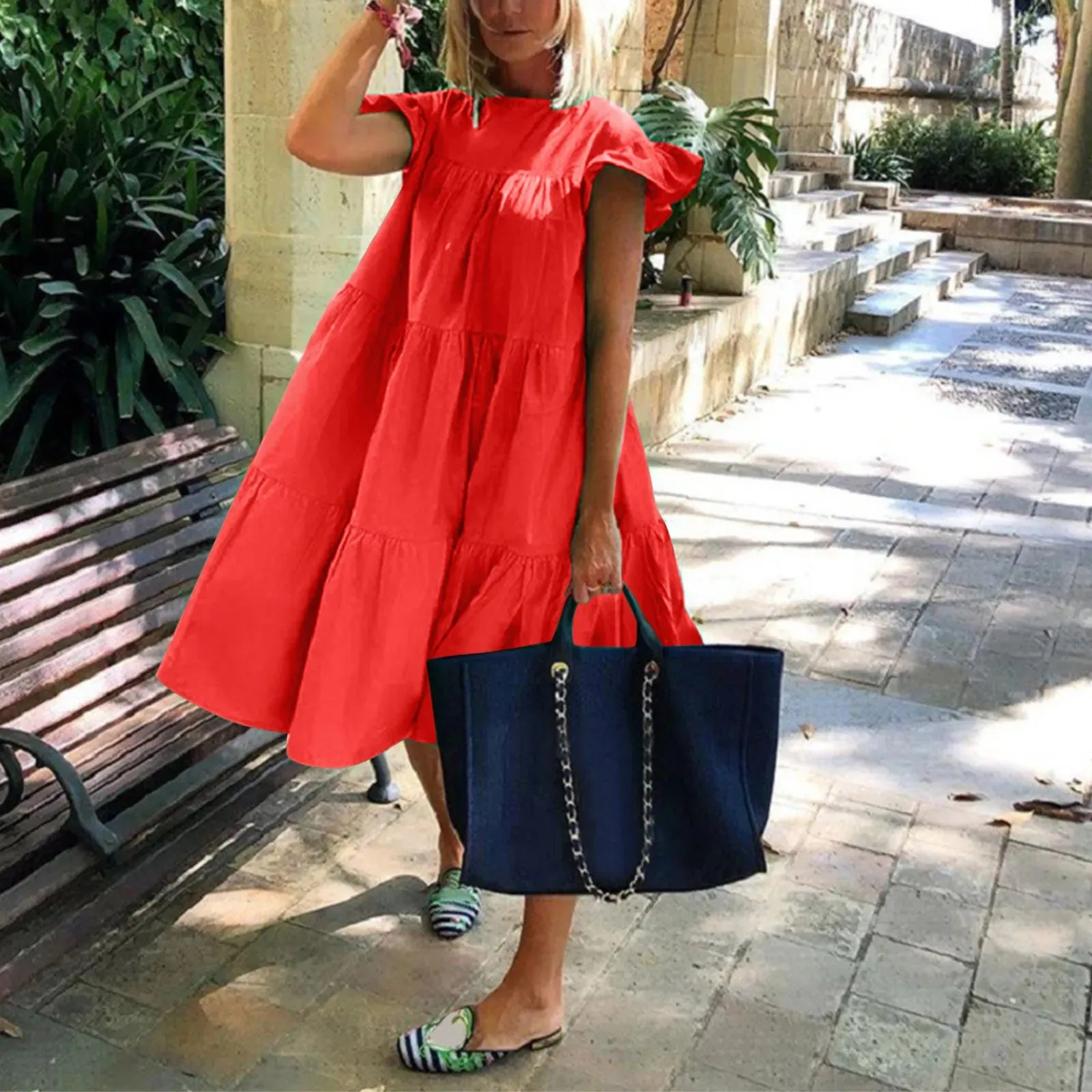 Bonnyshow Women Beach Dress O-Neck Short Sleeve Pleated Loose Elegant Mid Calf Sundress Vacation Summer Solid Color Dresses Vestidos Jupe