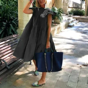 Bonnyshow Women Beach Dress O-Neck Short Sleeve Pleated Loose Elegant Mid Calf Sundress Vacation Summer Solid Color Dresses Vestidos Jupe