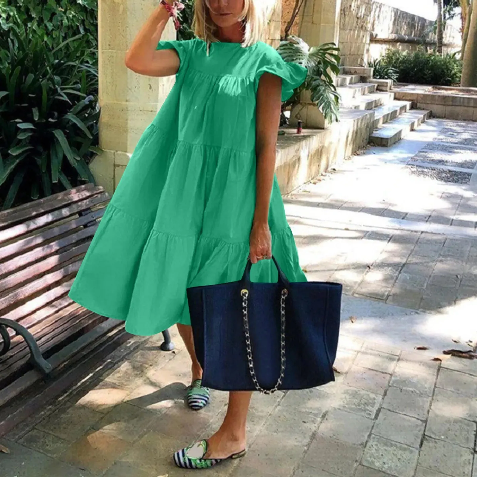 Bonnyshow Women Beach Dress O-Neck Short Sleeve Pleated Loose Elegant Mid Calf Sundress Vacation Summer Solid Color Dresses Vestidos Jupe
