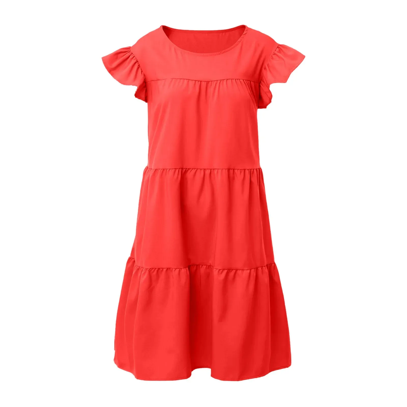 Bonnyshow Women Beach Dress O-Neck Short Sleeve Pleated Loose Elegant Mid Calf Sundress Vacation Summer Solid Color Dresses Vestidos Jupe