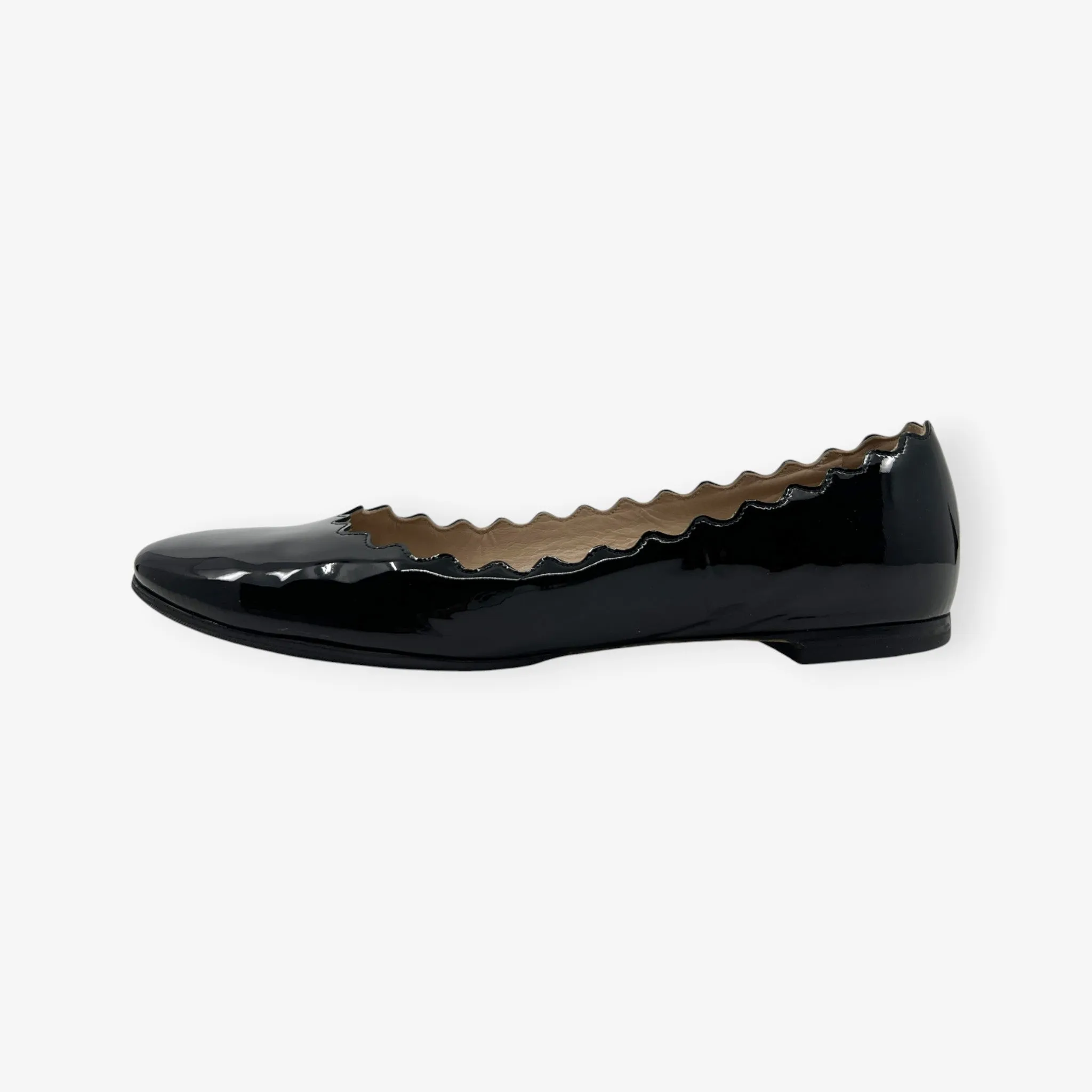 Chloe Black Patent Leather Scalloped Edge Lauren Flat Shoes EU38 ~ AU7