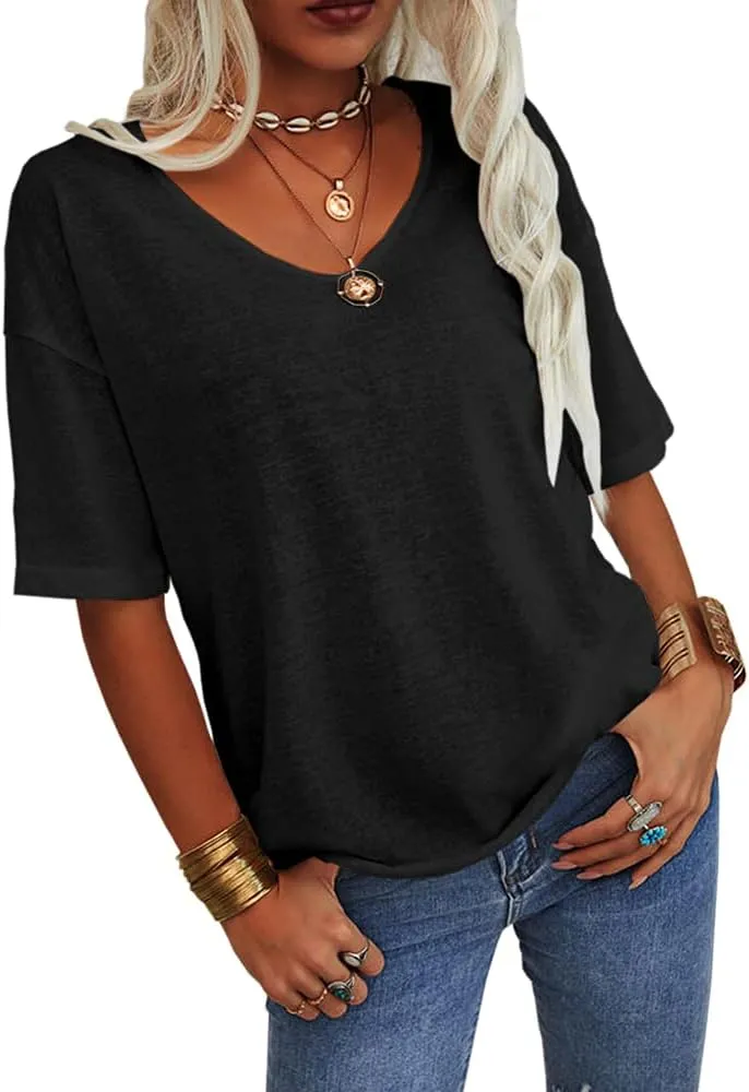 Danedvi Women Fashion V-Neck Half Sleeves Oversized T Shirt Solid Casual Loose Basic Tops