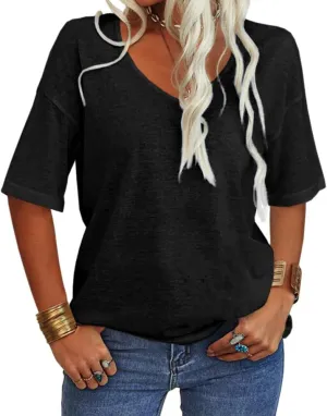 Danedvi Women Fashion V-Neck Half Sleeves Oversized T Shirt Solid Casual Loose Basic Tops