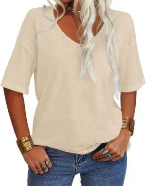 Danedvi Women Fashion V-Neck Half Sleeves Oversized T Shirt Solid Casual Loose Basic Tops