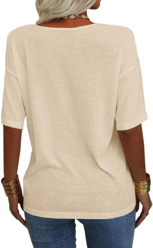 Danedvi Women Fashion V-Neck Half Sleeves Oversized T Shirt Solid Casual Loose Basic Tops
