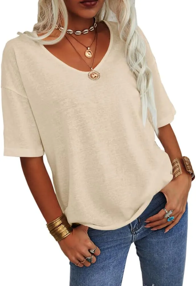 Danedvi Women Fashion V-Neck Half Sleeves Oversized T Shirt Solid Casual Loose Basic Tops