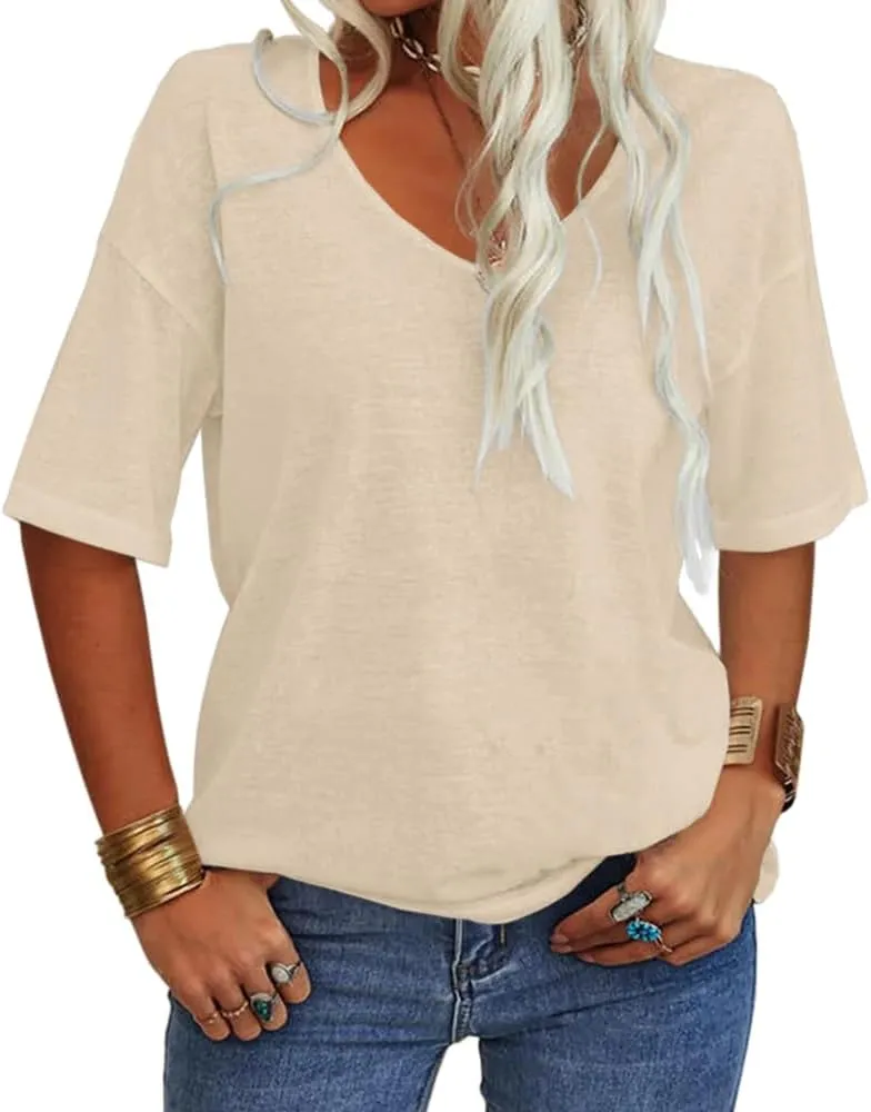 Danedvi Women Fashion V-Neck Half Sleeves Oversized T Shirt Solid Casual Loose Basic Tops