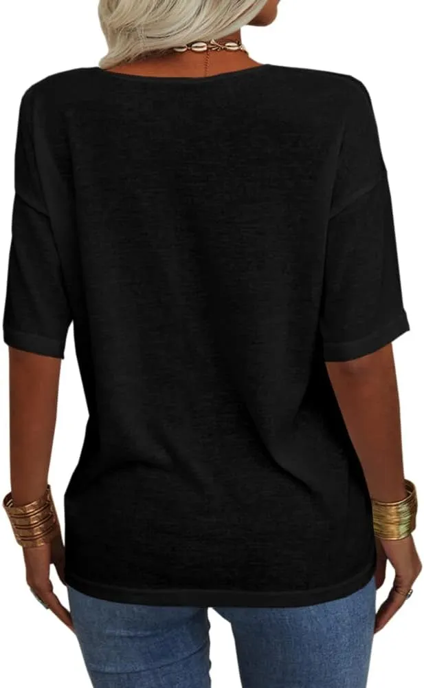 Danedvi Women Fashion V-Neck Half Sleeves Oversized T Shirt Solid Casual Loose Basic Tops