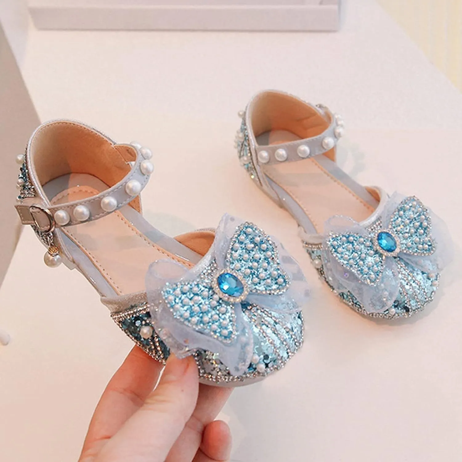 Girl Shoes Autumn New Little Girl Fashionable Princess Shoes Bow Soft Sole Baby Cool Single Shoes Baby Girl Dress Shoes (Blue, 6.5 Infant)