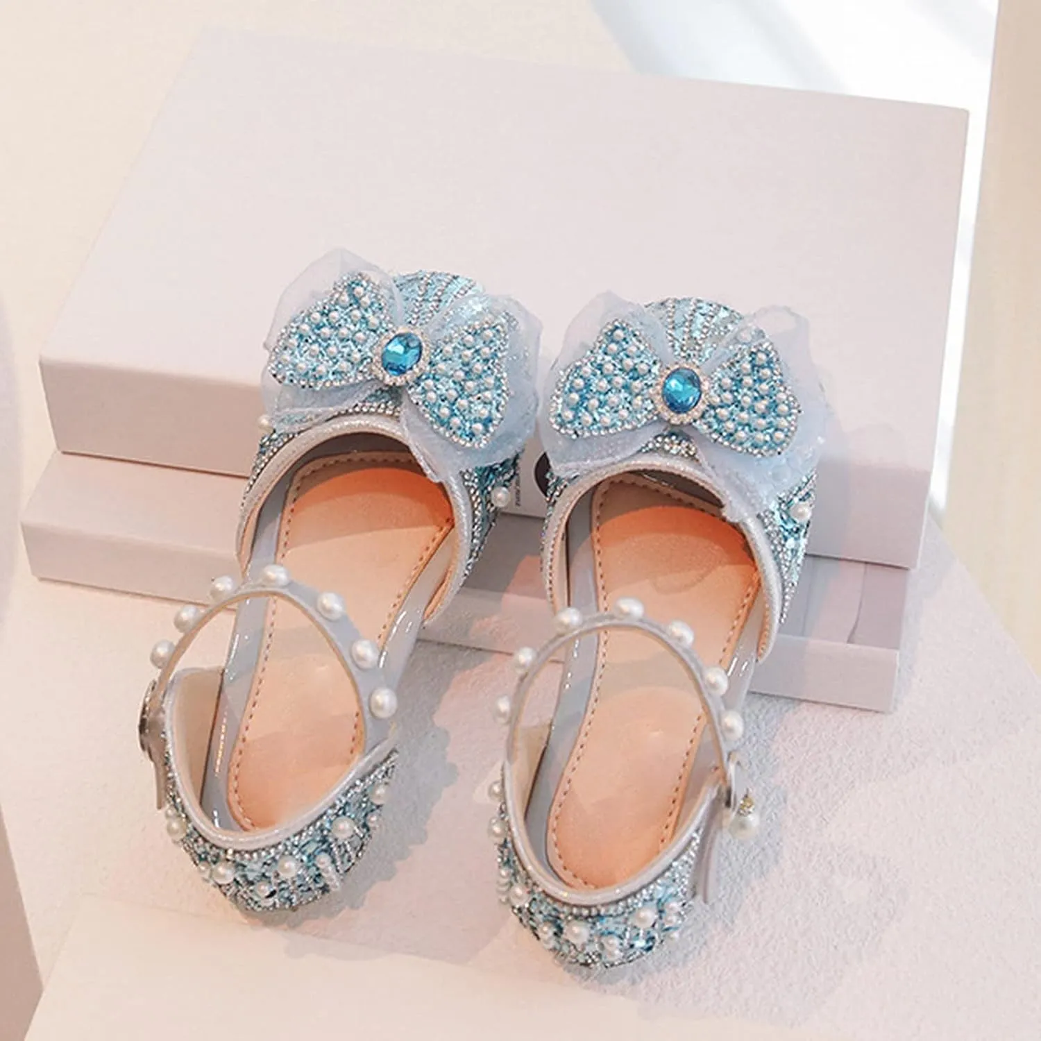 Girl Shoes Autumn New Little Girl Fashionable Princess Shoes Bow Soft Sole Baby Cool Single Shoes Baby Girl Dress Shoes (Blue, 6.5 Infant)