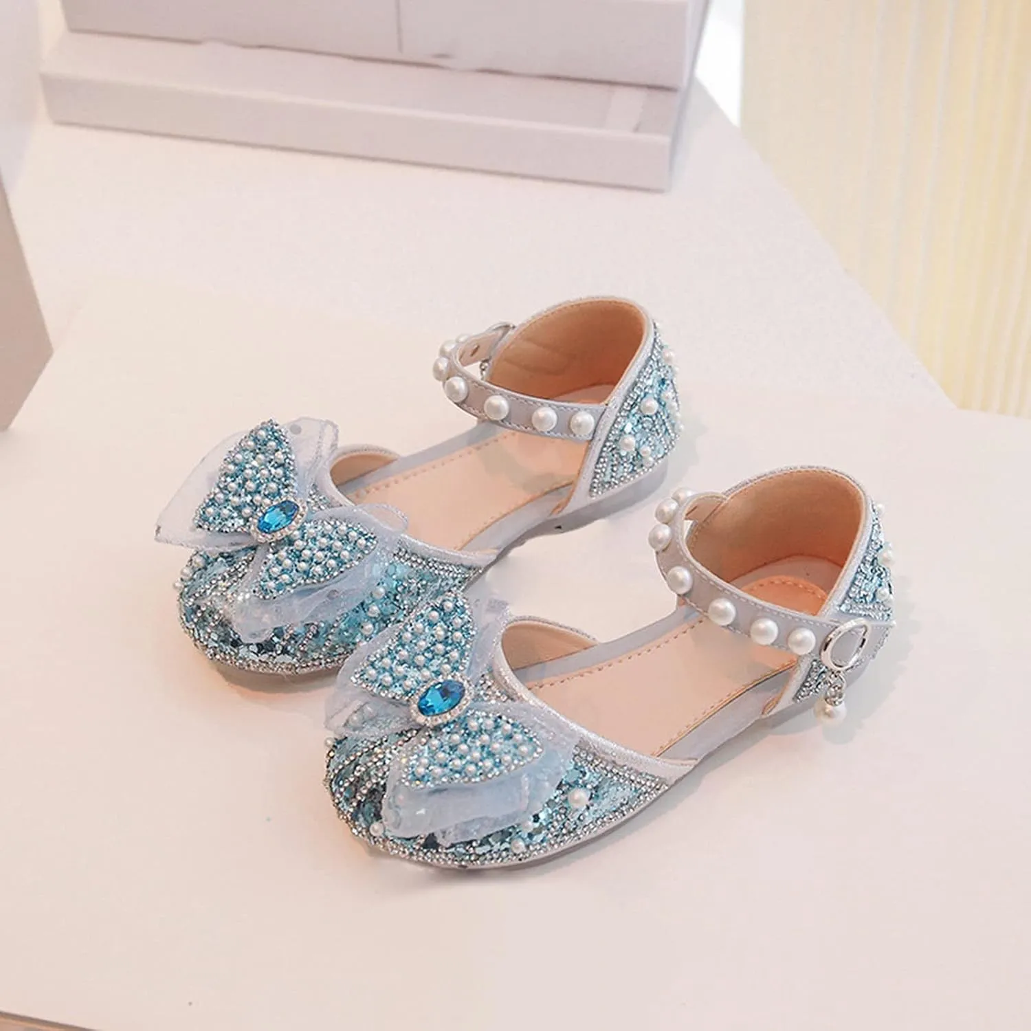 Girl Shoes Autumn New Little Girl Fashionable Princess Shoes Bow Soft Sole Baby Cool Single Shoes Baby Girl Dress Shoes (Blue, 6.5 Infant)