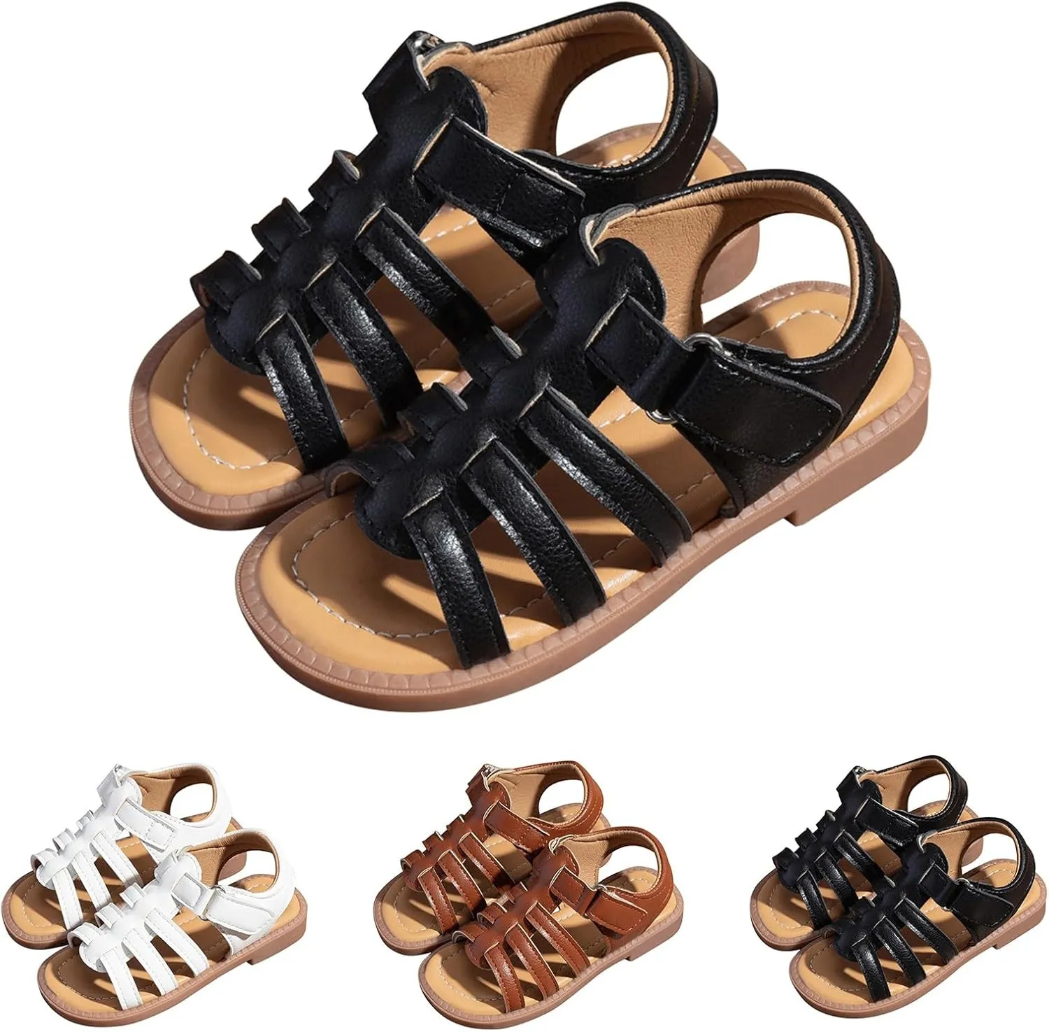 Girls Leather Sandals Open Toe Rubber Non Slip Adjusted Strap School Shoes Kids Soft Sole Beach Casual Sandals