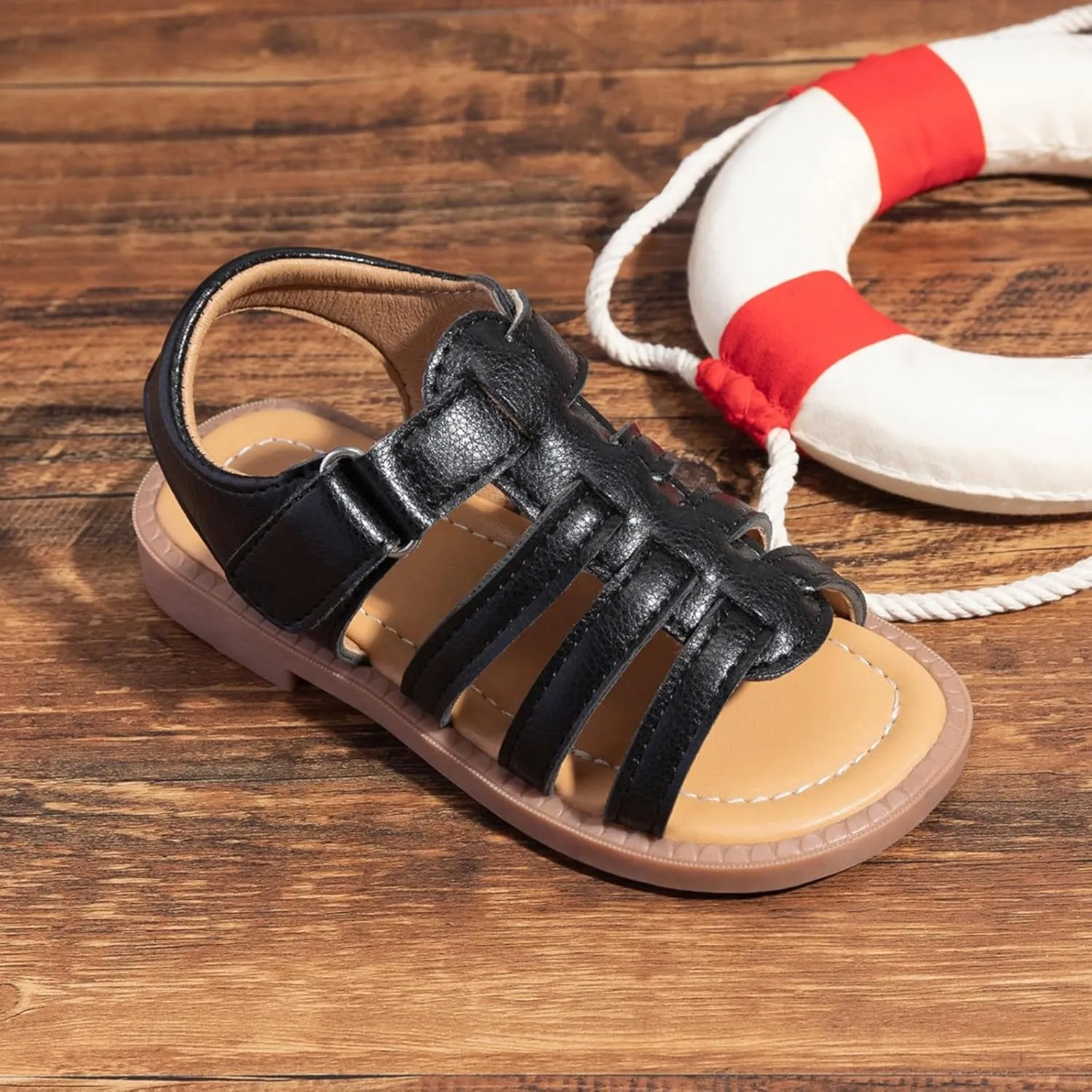 Girls Leather Sandals Open Toe Rubber Non Slip Adjusted Strap School Shoes Kids Soft Sole Beach Casual Sandals