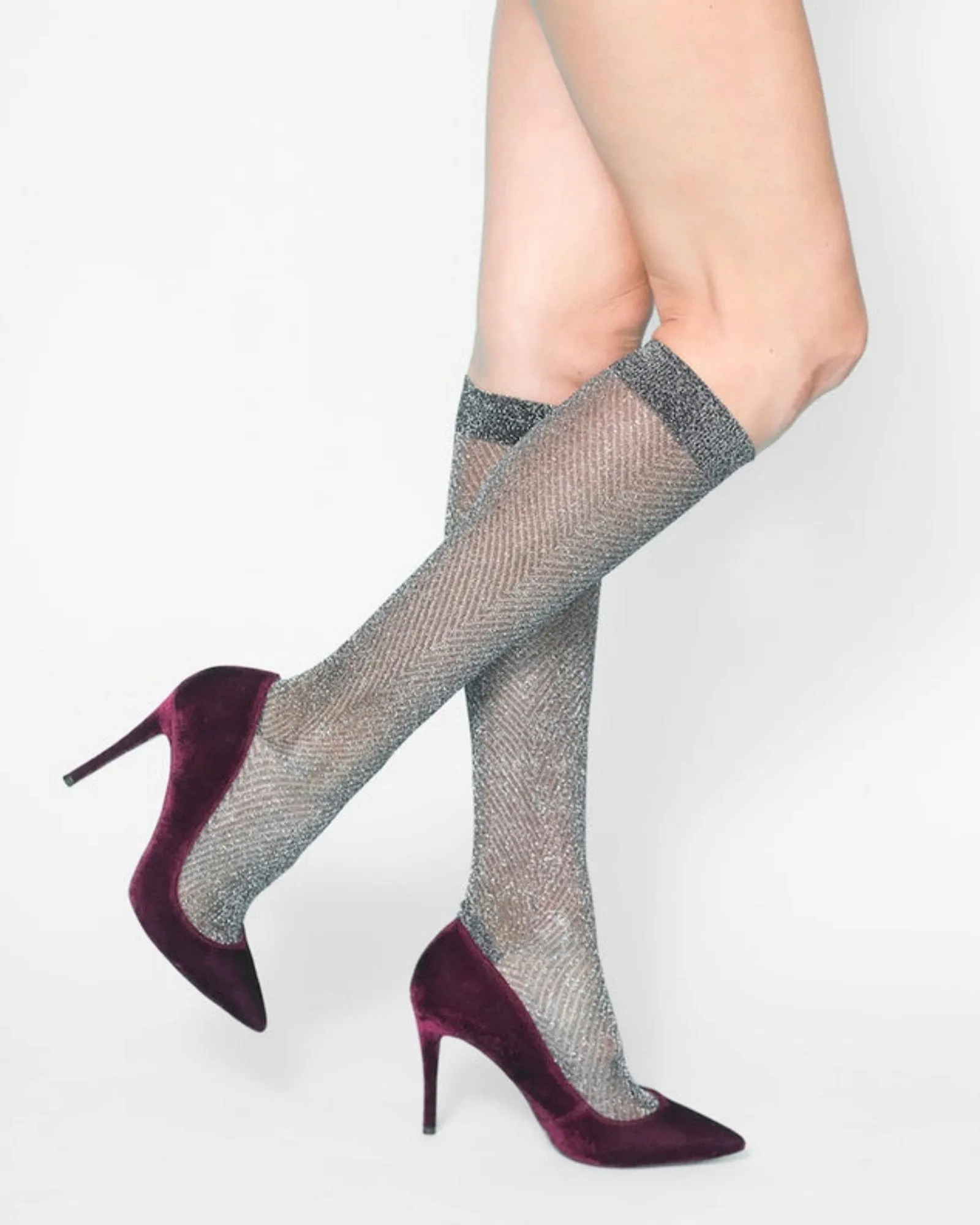 Herringbone Lurex Knee High Socks