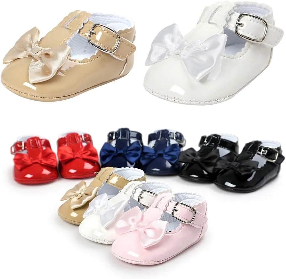 Infant Baby Girls Soft Sole Bowknot Wedding Dress Mary Jane Flat Prewalker Newborn Light Baby Sneaker Shoe 0-18M