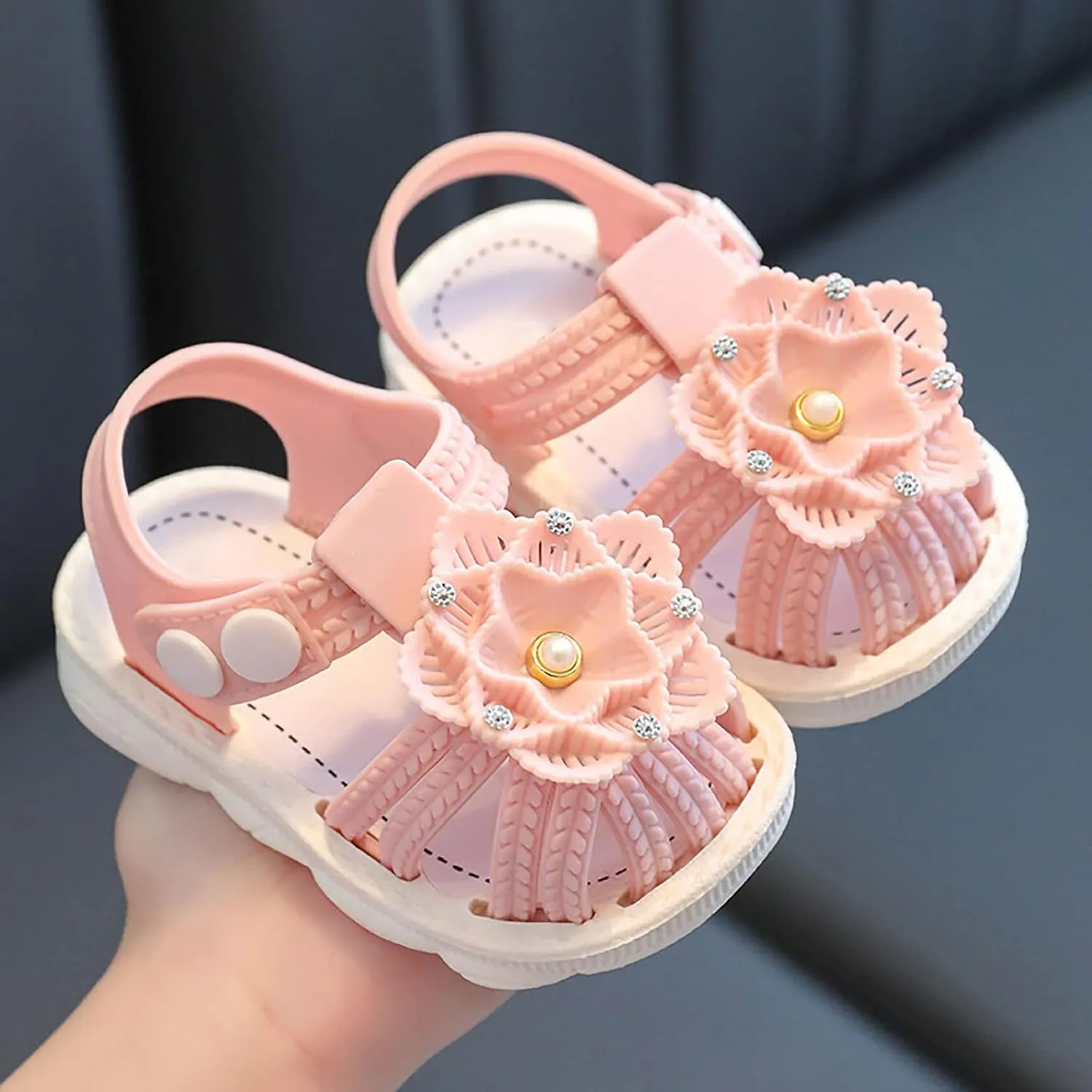 Infant Newborn Baby Girl Closed-Toe Sandals Breathable Comfortable Cute Flower Beach Soft Sole Slip On Shoes