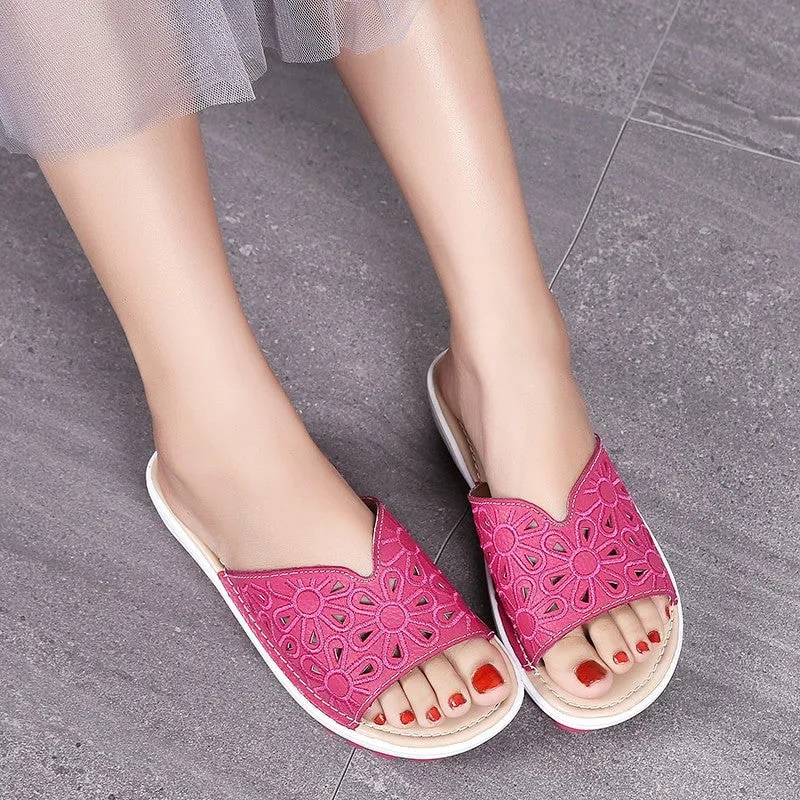OCW Genuine Leather Slippers Platform Wedges Casual Soft Sandals For Women