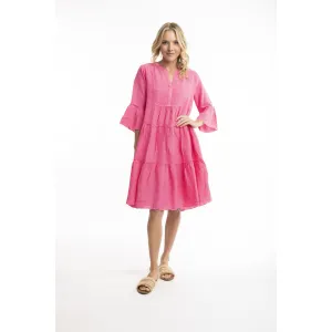 Orientique - Solid Linen Frill Dress Azalea