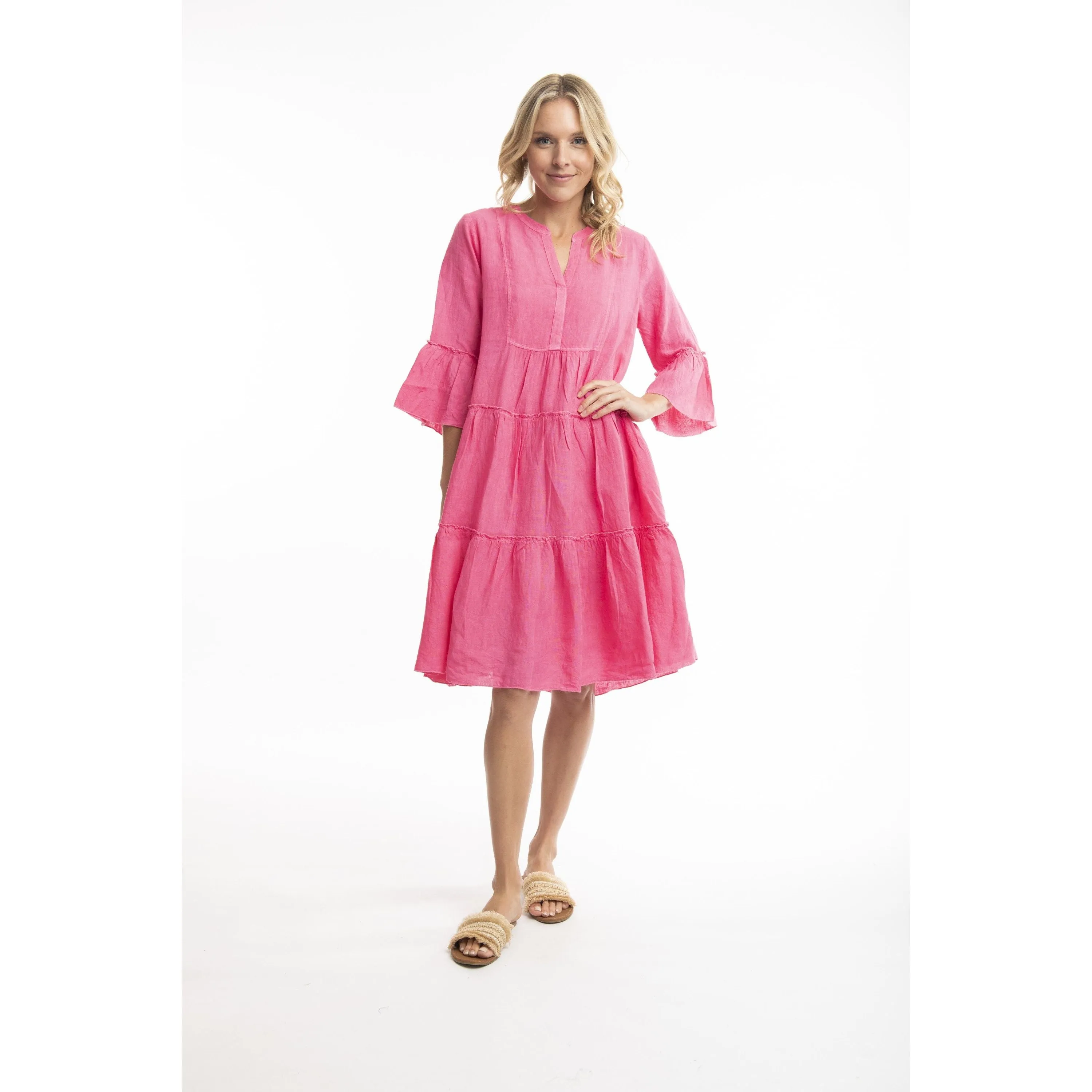 Orientique - Solid Linen Frill Dress Azalea