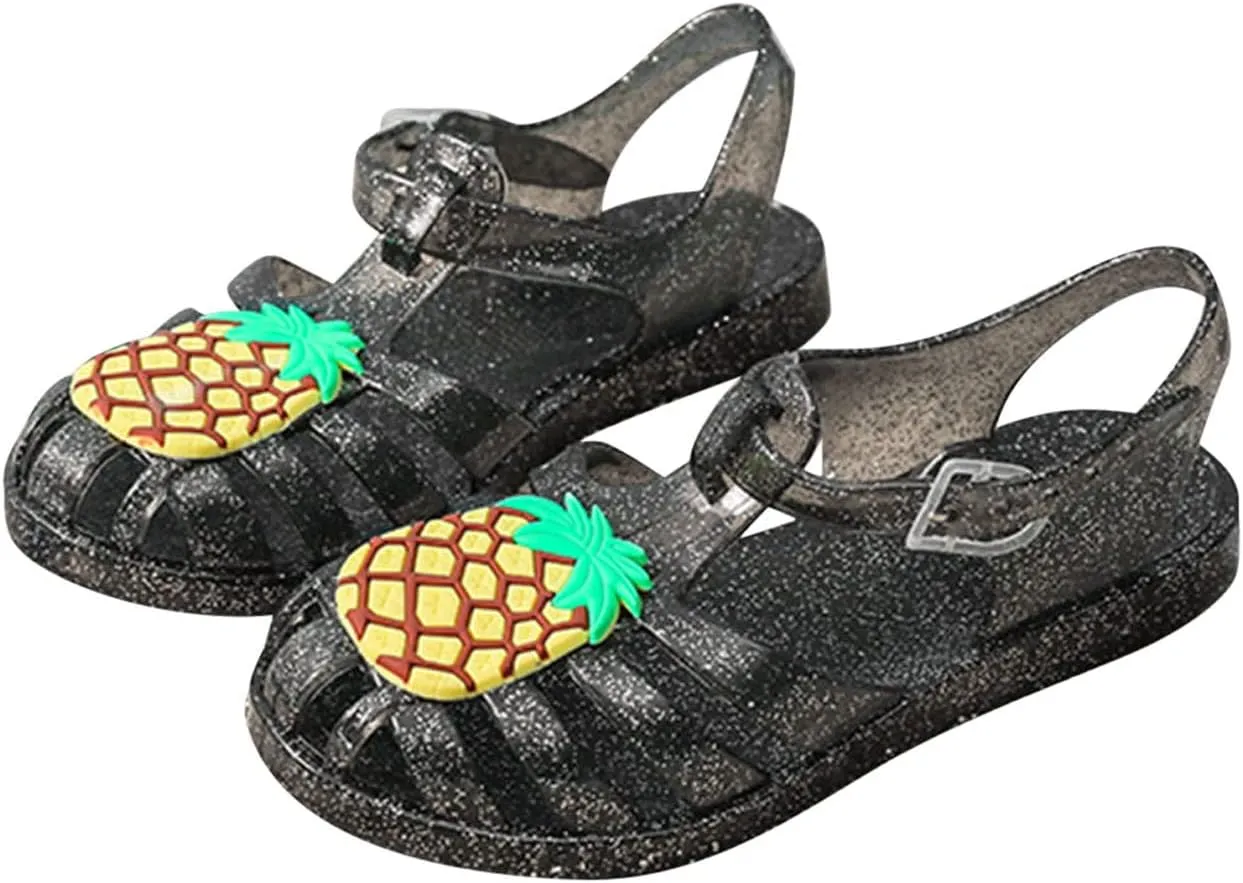 Toddler Baby Girls Shoes Slip On Cute Fruit Jelly Colors Hollow Out Non-slip Soft Sole Beach Sandals Comfy Shoes U-280 Black 9.5