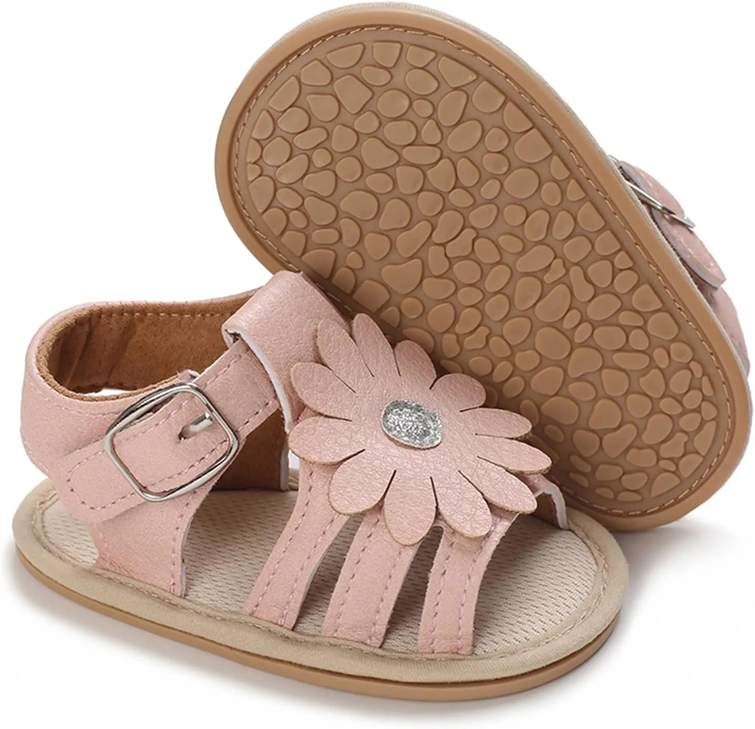 Toddler Flower Open Toe Wide Sandals Flat Strap Summer Shoes Baby Boys Girls Rubber Sole Soft Slip On Shoes Comfy Trendy