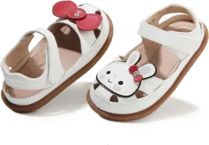 Toddler Girl Sandals with Flower, Breathable Leather kids Closed Toe Sandals, Soft Rubber Non-Slip Summer Shoes for Little Girls 2-7 Years