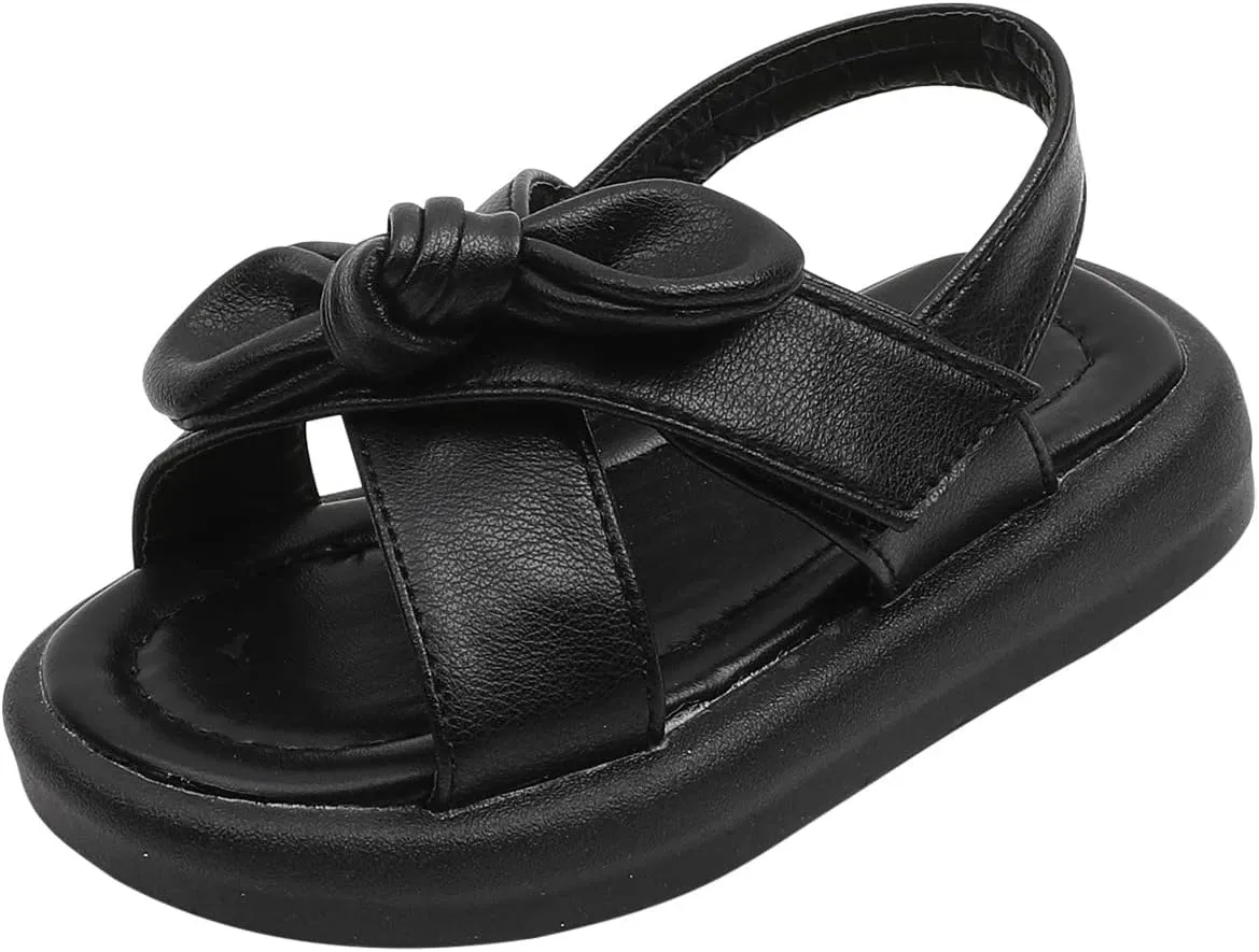 Toddler Sandals Shoes Baby Girls Cute Solid Color Slip On Shoes Bow Non-slip Soft Sole Beach Sandal Comfort Daily V-313 Black 10