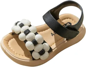 Toddler Shoes Baby Girls Sandals Shoes Cute Fashion Solid Slip On Flowers Non-slip Soft Sole Beach Sandals Comfort S-744 Black 10