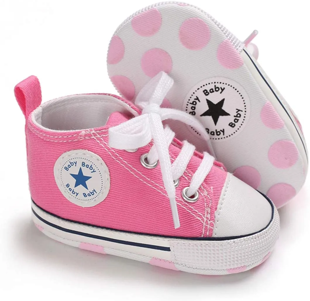 Unisex Baby Soft Sole Sneakers, Canvas Denim High Top, Newborn Infant First Walkers