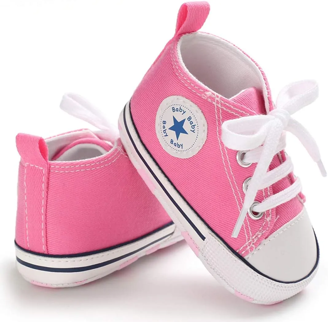 Unisex Baby Soft Sole Sneakers, Canvas Denim High Top, Newborn Infant First Walkers
