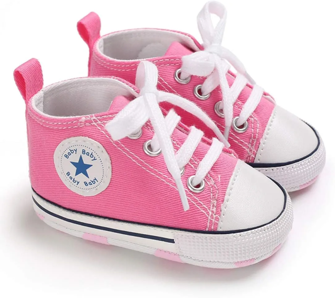 Unisex Baby Soft Sole Sneakers, Canvas Denim High Top, Newborn Infant First Walkers