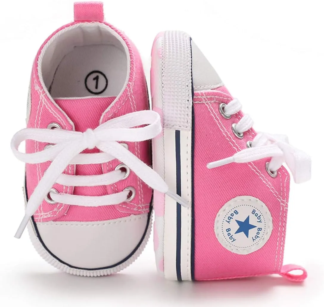Unisex Baby Soft Sole Sneakers, Canvas Denim High Top, Newborn Infant First Walkers