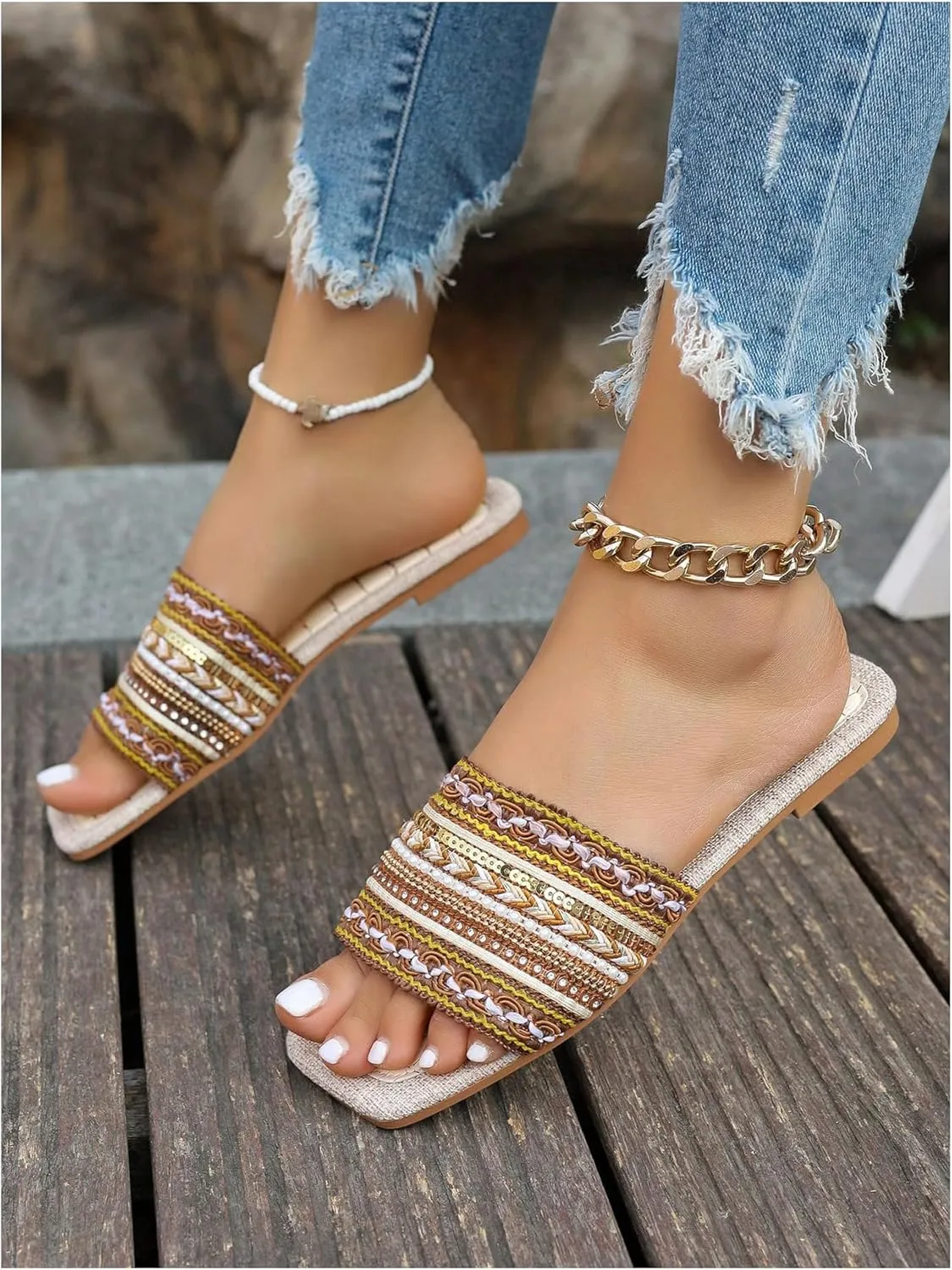Verdusa Women's Slip On Flat Sandals Summer Outdoor Square Open Toe Slide Sandals