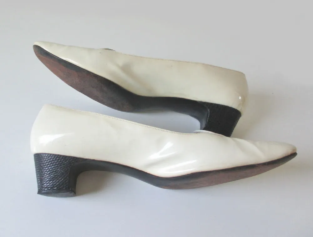 Vintage 60's MOD Black Polka Dot White Patent Heels Shoes 9