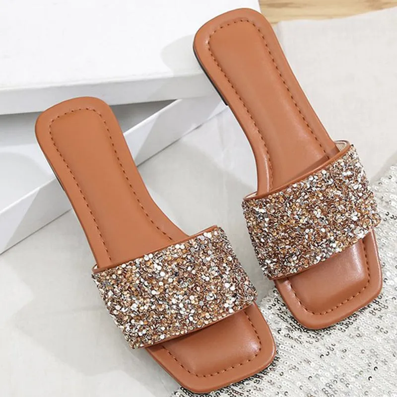 Women Single Band Flat Sandals Sequin Glamorous Slide Sandals Outdoor Fashion Slide Summer Beach Sexy Woman Slippers 2023 New