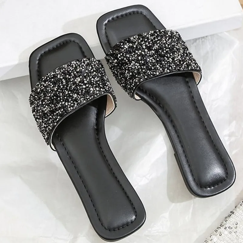 Women Single Band Flat Sandals Sequin Glamorous Slide Sandals Outdoor Fashion Slide Summer Beach Sexy Woman Slippers 2023 New