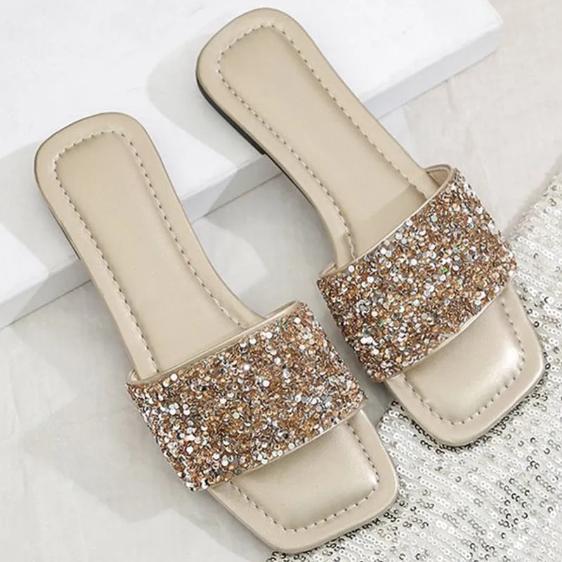 Women Single Band Flat Sandals Sequin Glamorous Slide Sandals Outdoor Fashion Slide Summer Beach Sexy Woman Slippers 2023 New