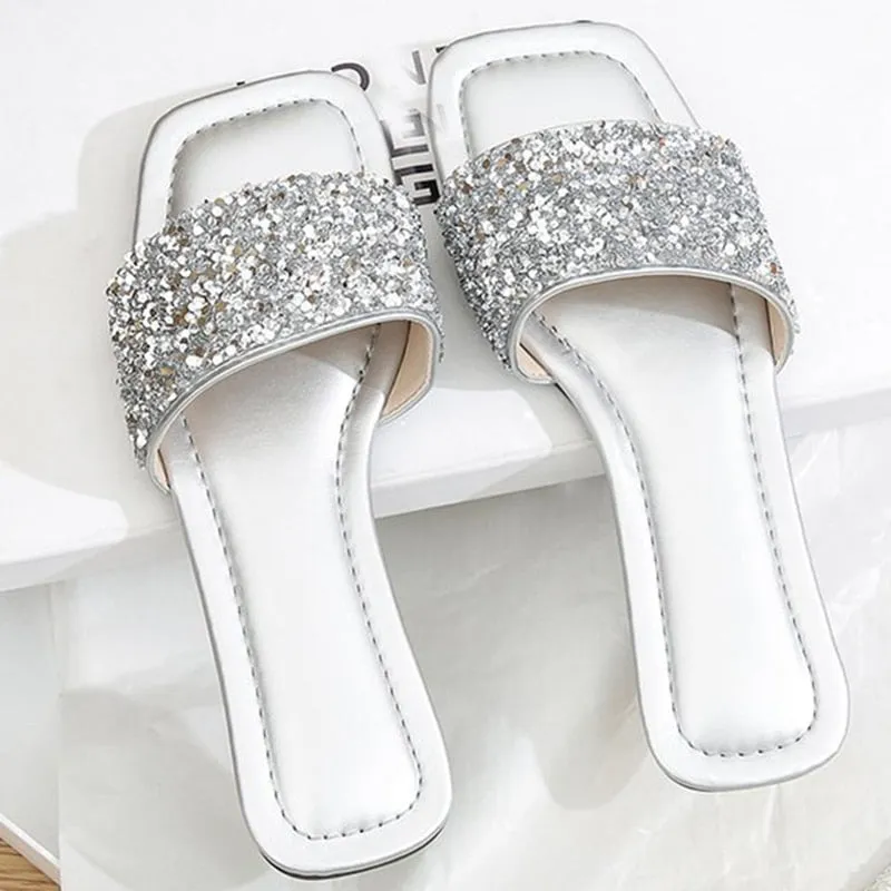 Women Single Band Flat Sandals Sequin Glamorous Slide Sandals Outdoor Fashion Slide Summer Beach Sexy Woman Slippers 2023 New