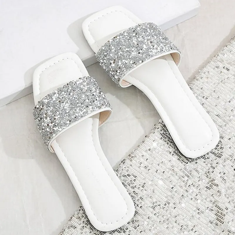 Women Single Band Flat Sandals Sequin Glamorous Slide Sandals Outdoor Fashion Slide Summer Beach Sexy Woman Slippers 2023 New